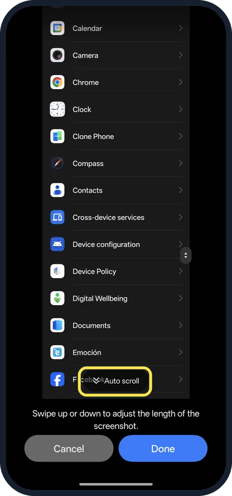 Android screenshot: Drag down, or tap Auto scroll