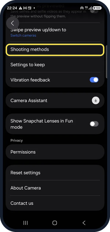 Android screenshot: Open Shooting methods