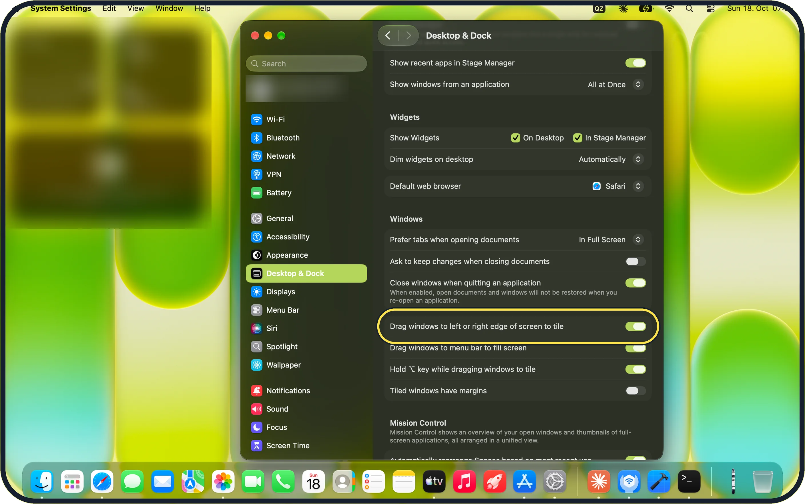 Mac screenshot: Check the tiling settings