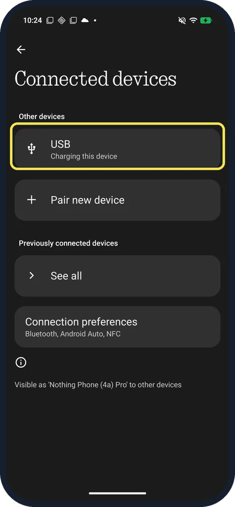 Android screenshot: Open Connected devices, USB