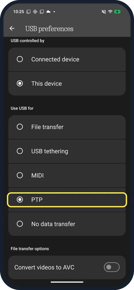 Android screenshot: Choose PTP