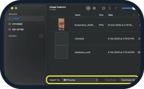 Android screenshot: Click the phone in Image Capture, then Download All