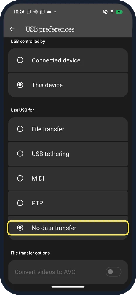 Android screenshot: Set USB back when you are done