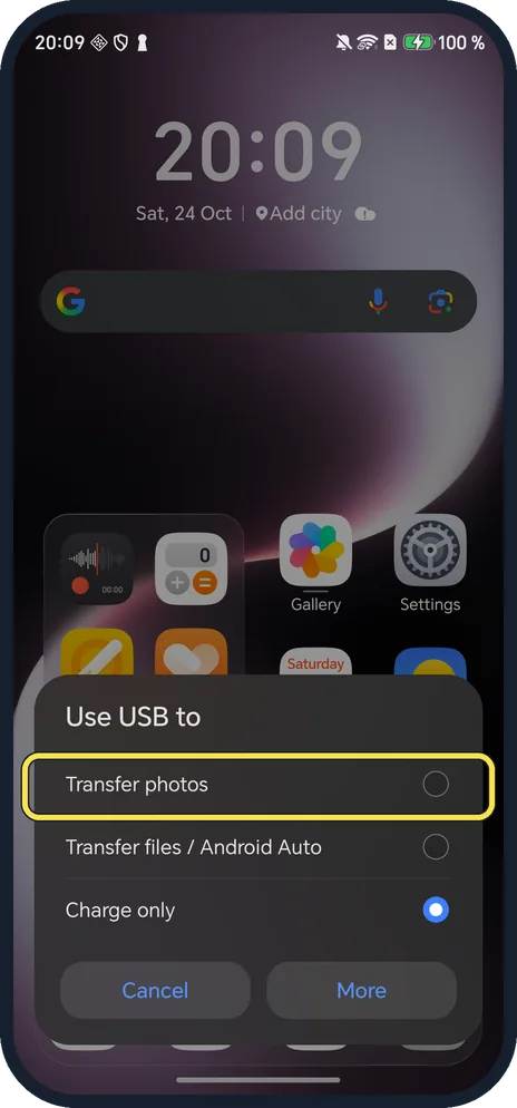 Android screenshot: Plug in and choose Transfer photos