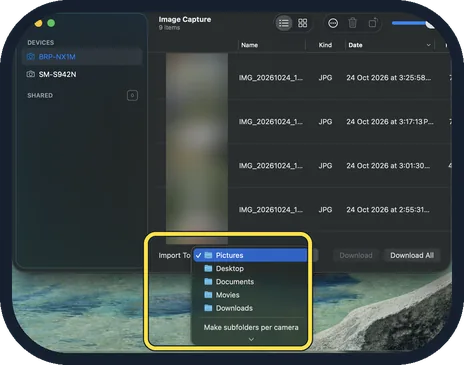 Android screenshot: Pick a folder under Import To, then click Download All