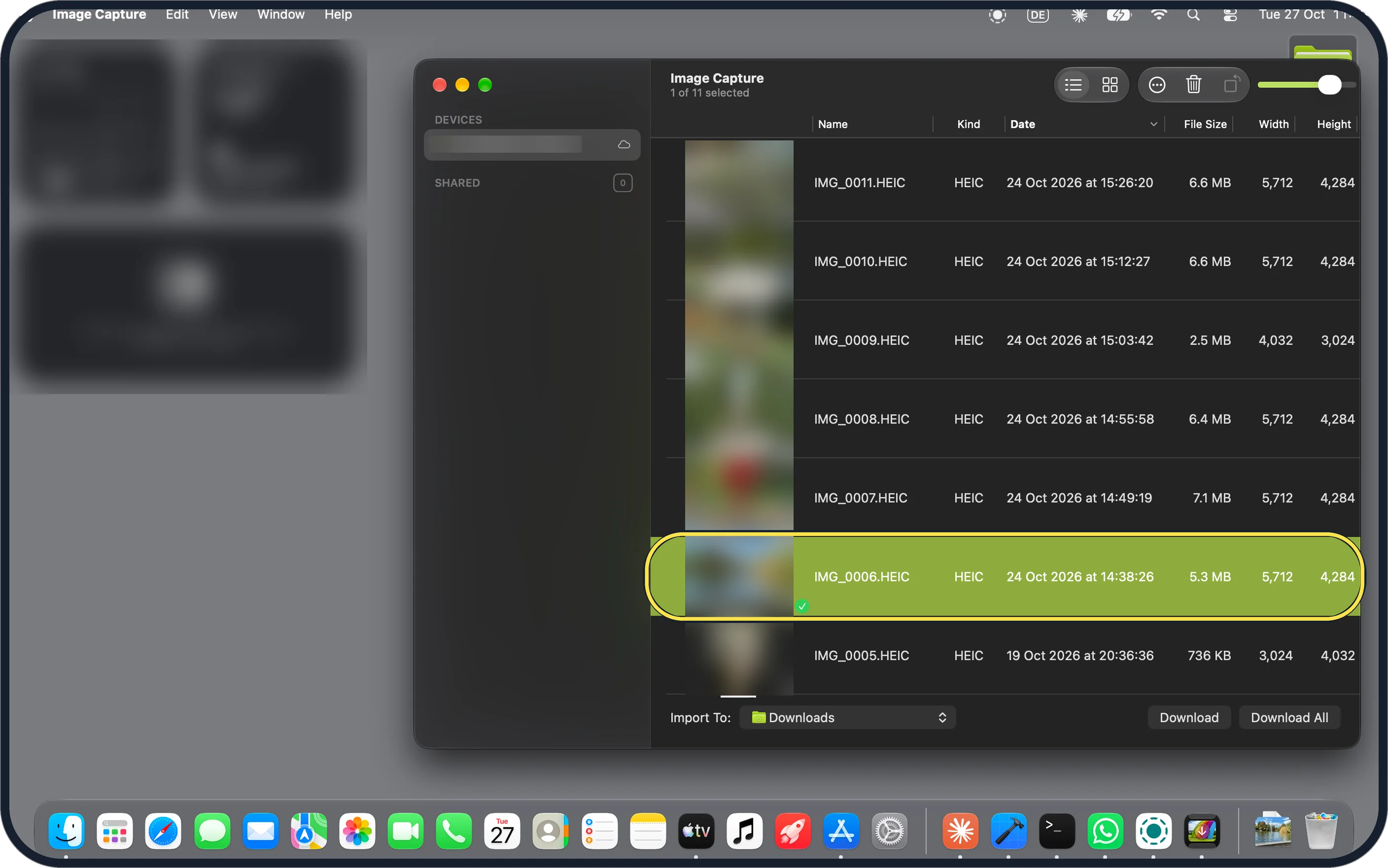Mac screenshot: Select photos and click Download