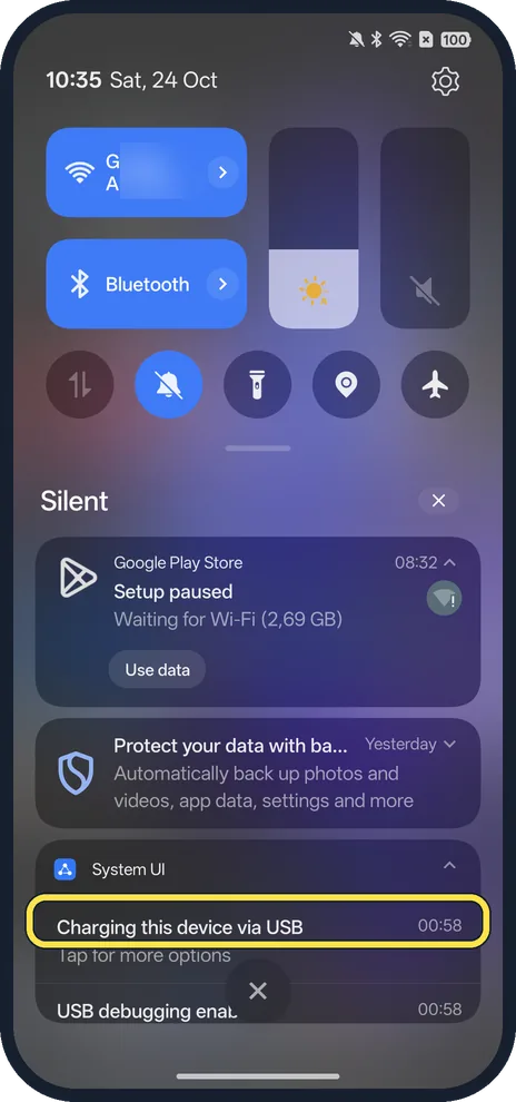 Android screenshot: Tap the USB notification