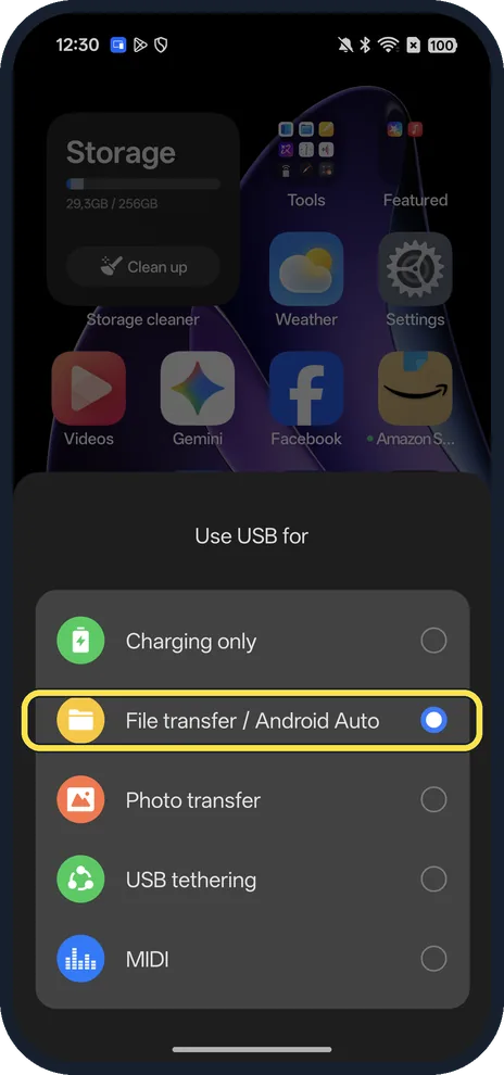 Android screenshot: Choose File transfer / Android Auto