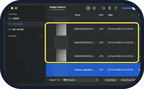 Android screenshot: Click the phone in Image Capture and find the photos