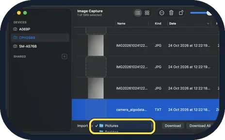 Android screenshot: Pick a folder under Import To, then Download All
