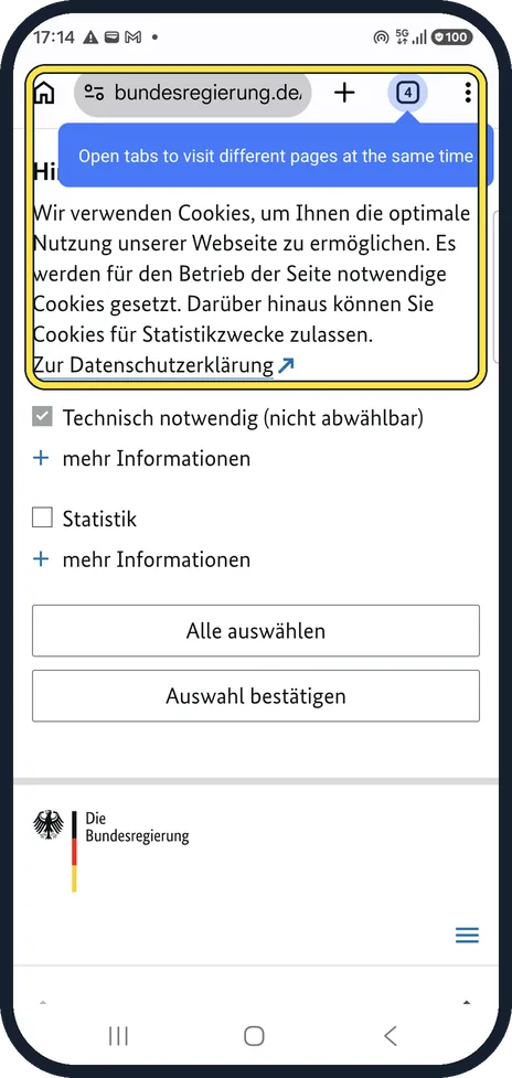 Android screenshot: Open the page in Chrome