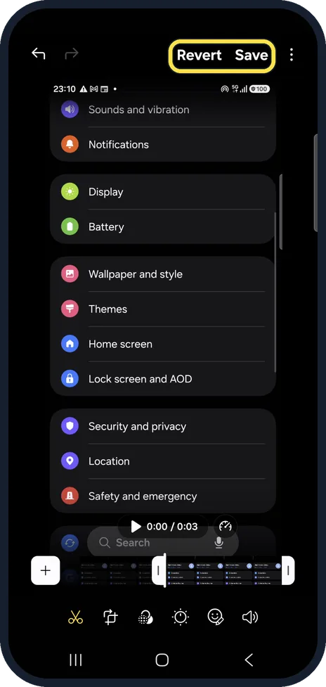 Android screenshot: Save or revert