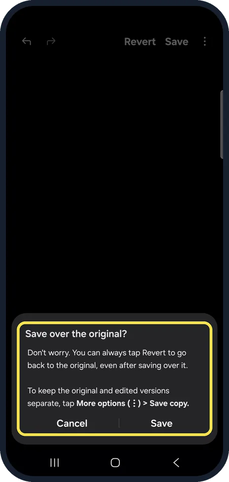 Android screenshot: Save over the original
