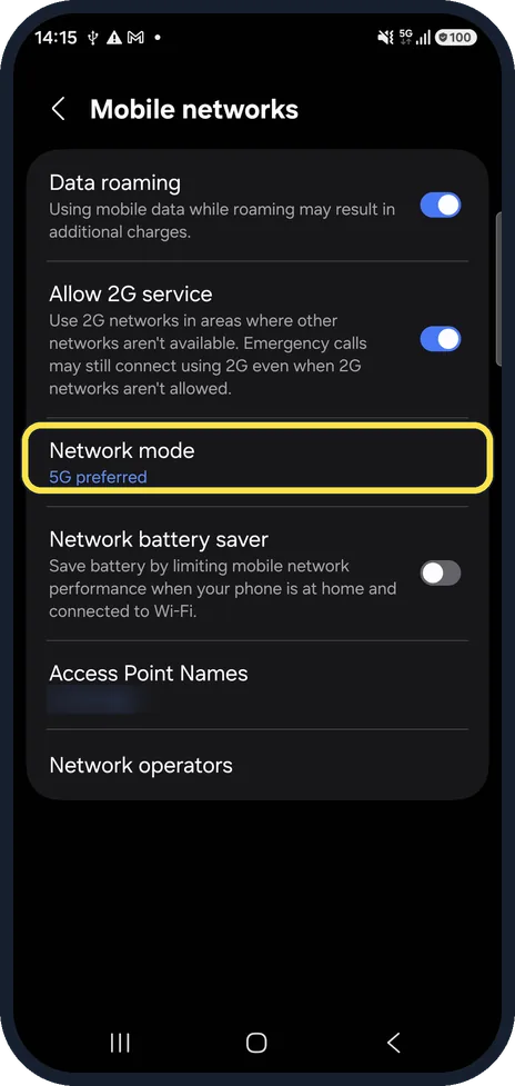 Screenshot from the guide: How to turn 5G on or off on a Samsung Galaxy (network mode)