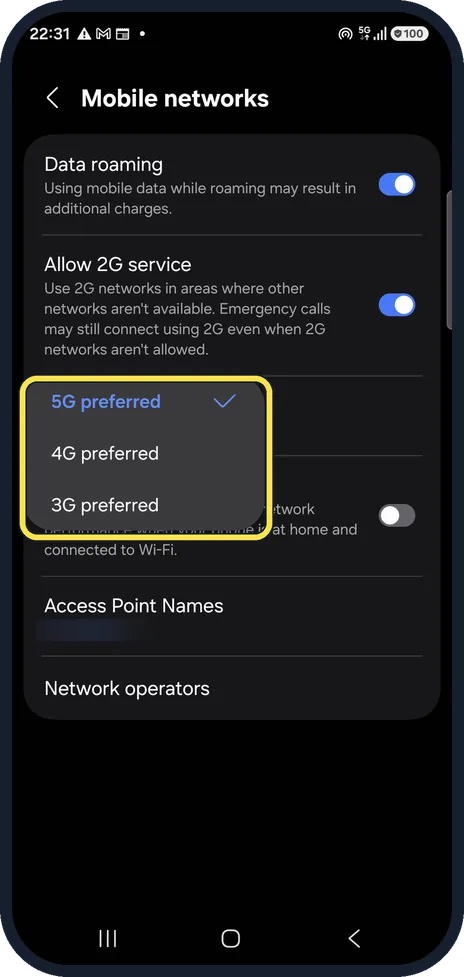 Android screenshot: Tap Network mode