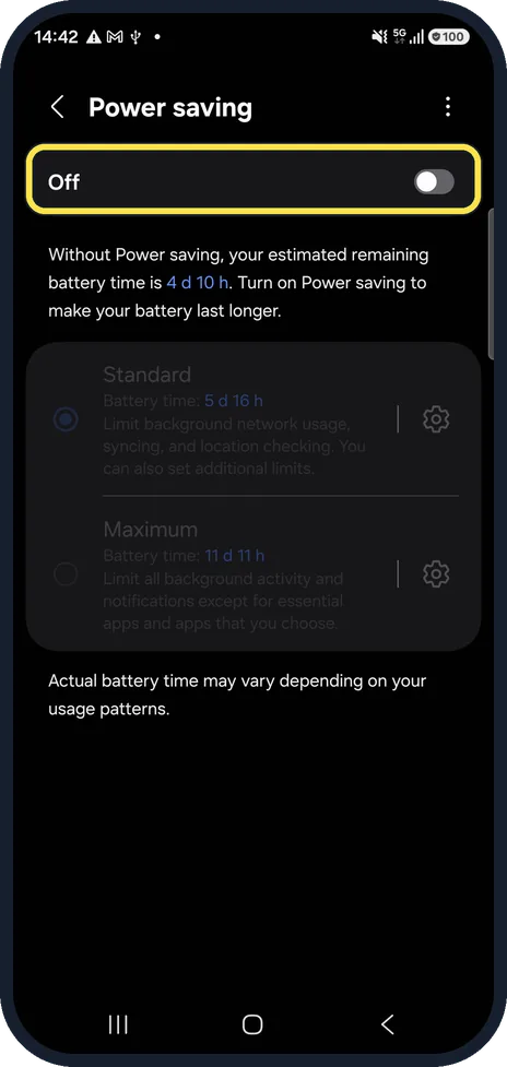 Android screenshot: Check Power saving