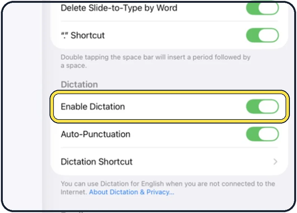 iPad screenshot: Scroll down and switch Enable Dictation on or off