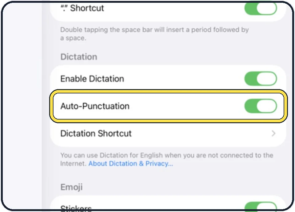iPad screenshot: Decide about Auto-Punctuation