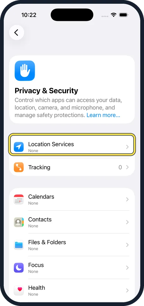 iPhone screen: Tap Location Services