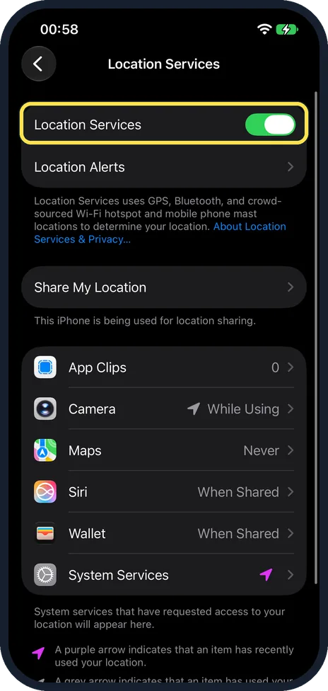 iPhone screen: Use the main switch