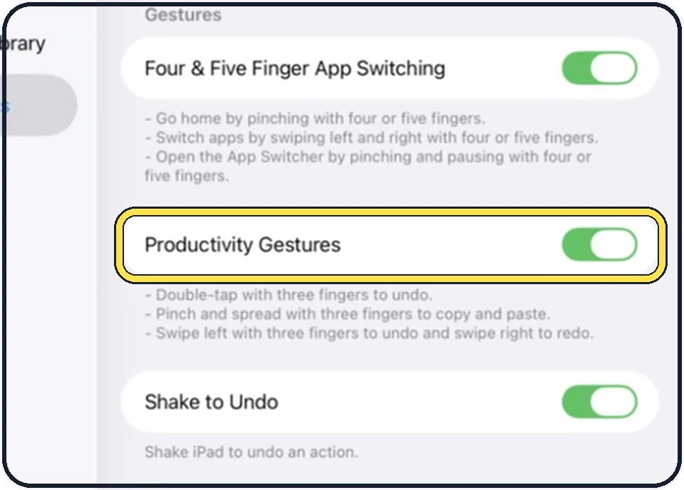 iPad screenshot: Decide about Productivity Gestures