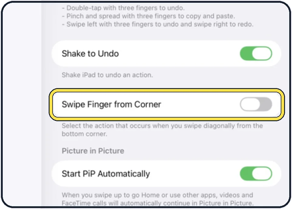 iPad screenshot: Look at Swipe Finger from Corner