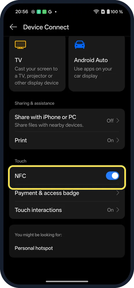 Android screenshot: Find NFC under Touch