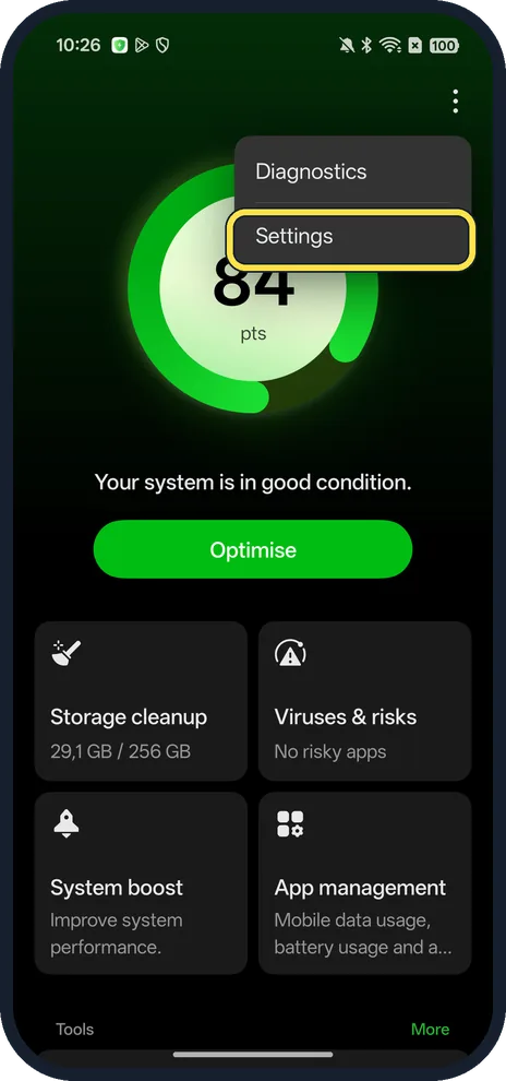 Android screenshot: Open Phone Manager settings