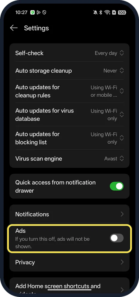 Android screenshot: Turn off Ads