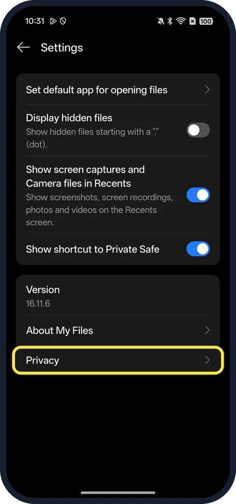 Android screenshot: Open My Files settings, then Privacy