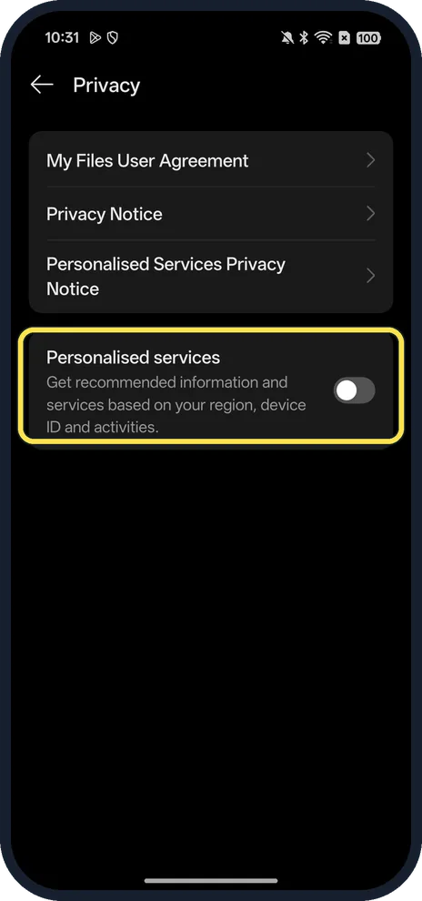 Android screenshot: Turn off Personalised services