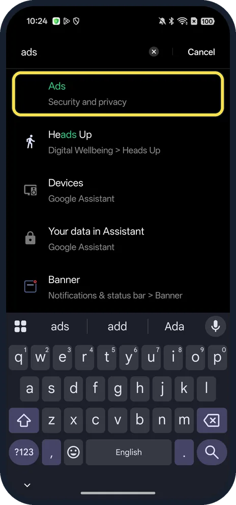 Android screenshot: Search Settings for "ads" and tap Ads