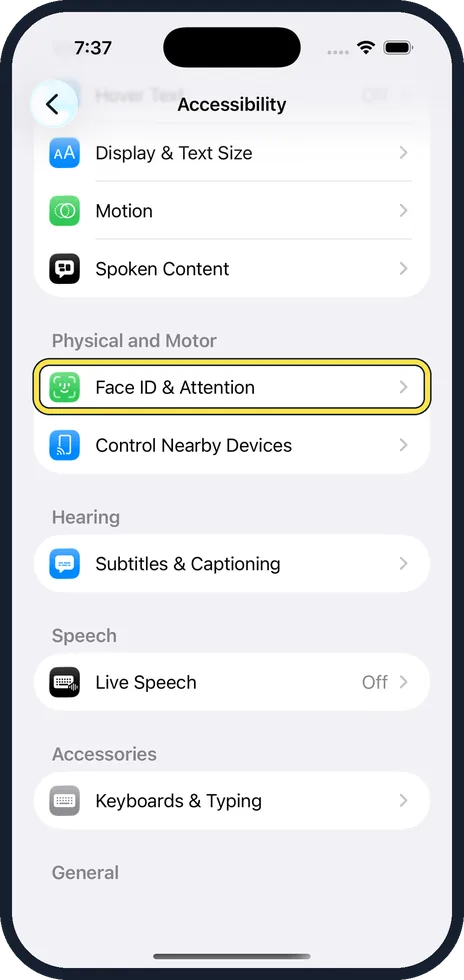 iPhone screen: Tap Face ID & Attention