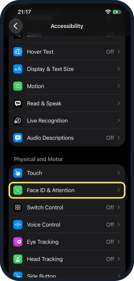 iPhone screen: Tap Face ID & Attention
