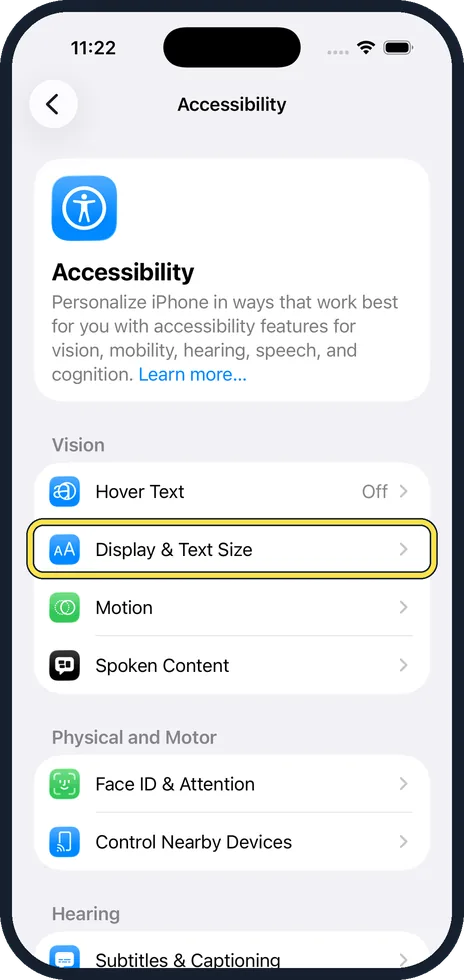 iPhone screen: Tap Display & Text Size