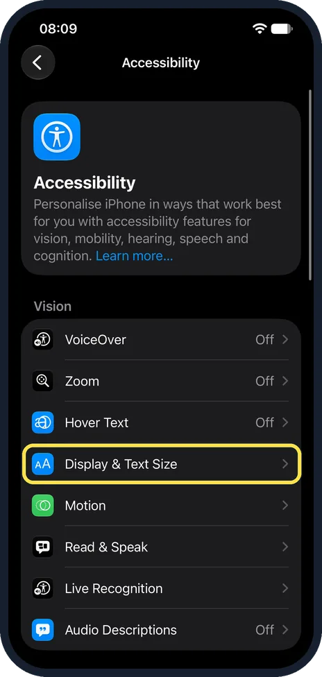 iPhone screen: Tap Display & Text Size