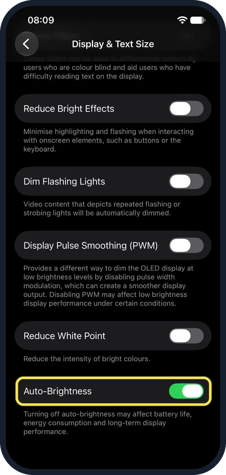 iPhone screen: Scroll to the bottom and switch off Auto-Brightness