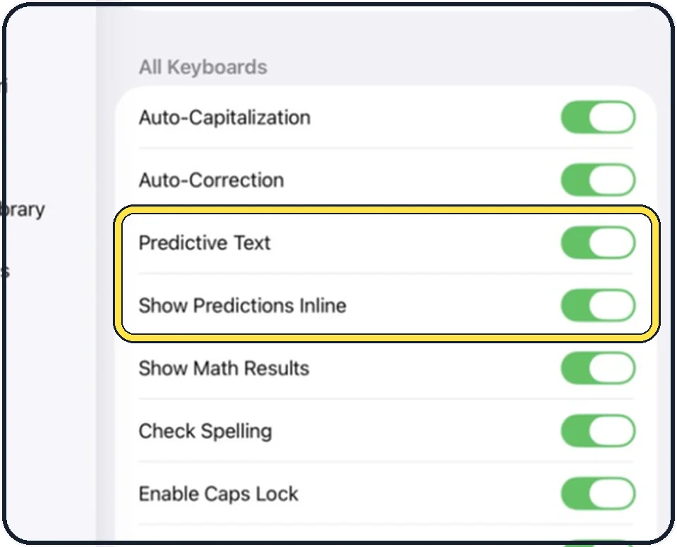iPad screenshot: Decide about Predictive Text
