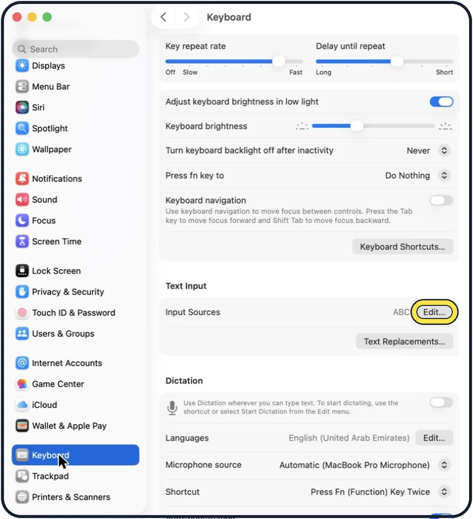 Mac screenshot: Click Edit in the Text Input section