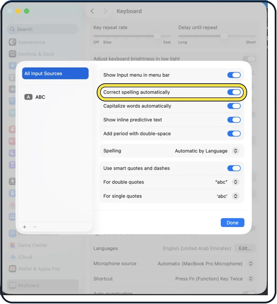 Mac screenshot: Switch off Correct spelling automatically