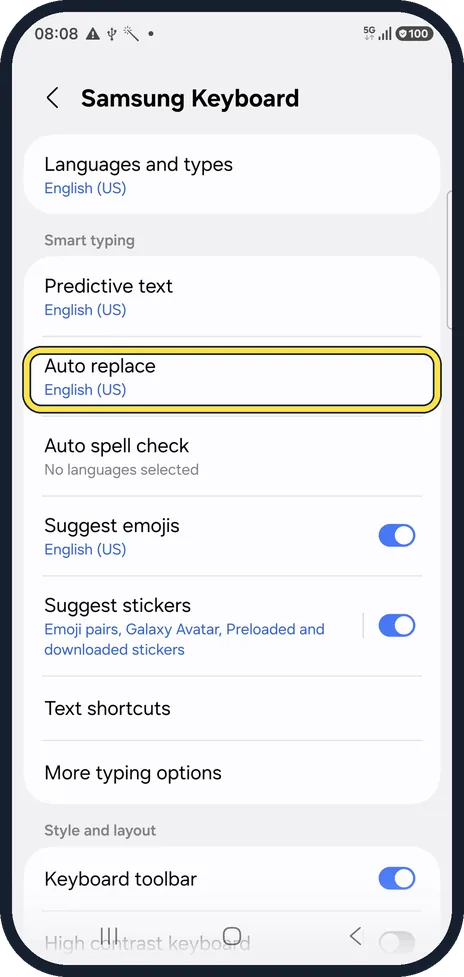 Android screenshot: Tap Auto replace