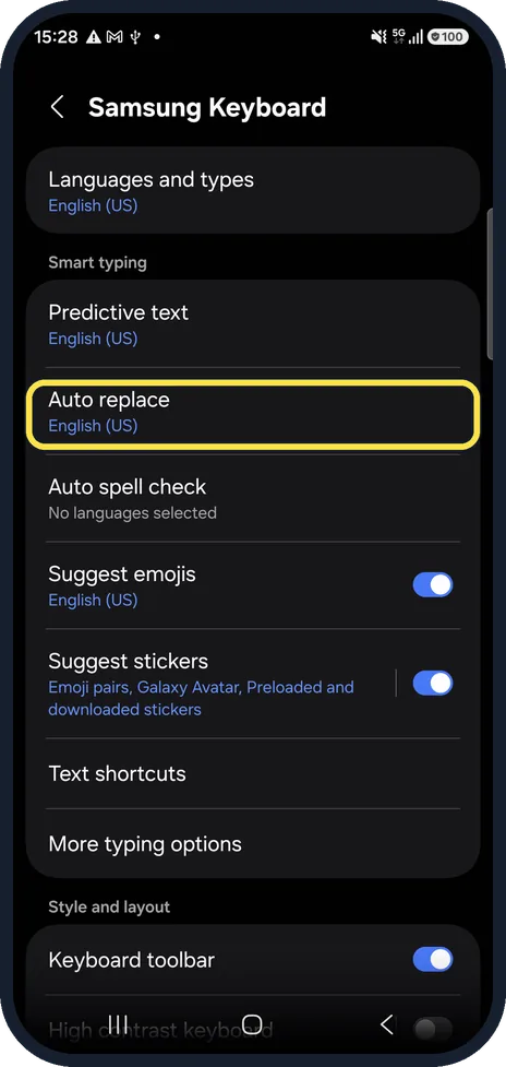 Android screenshot: Tap Auto replace