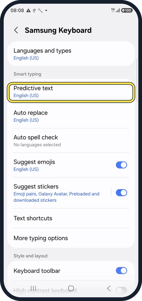 Android screenshot: Optional: turn off Predictive text