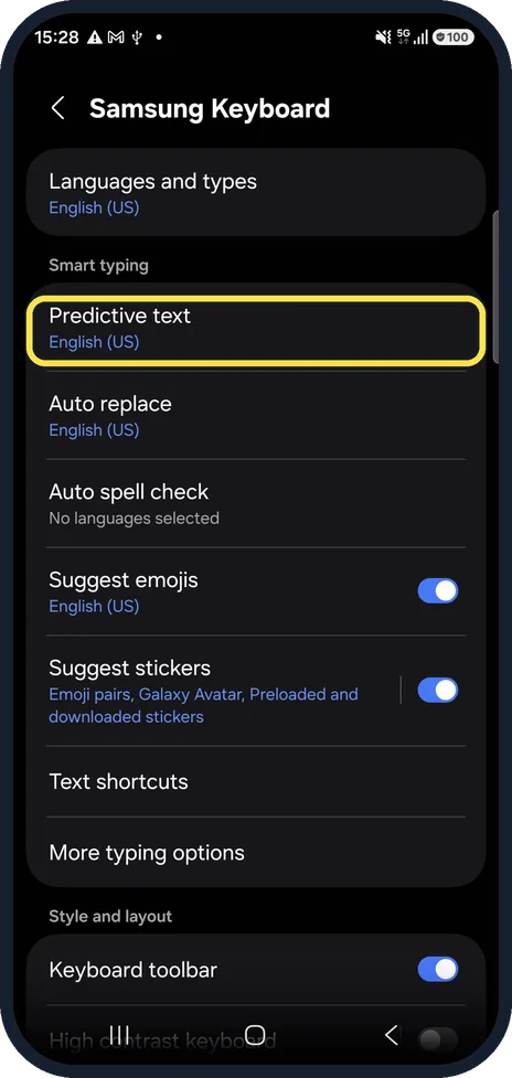 Android screenshot: Optional: turn off Predictive text