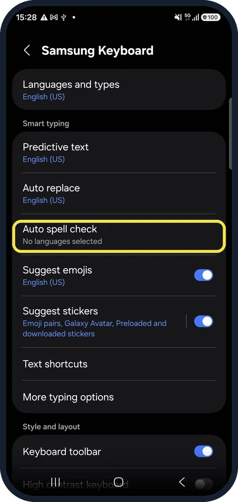 Android screenshot: Keep the spell check underline