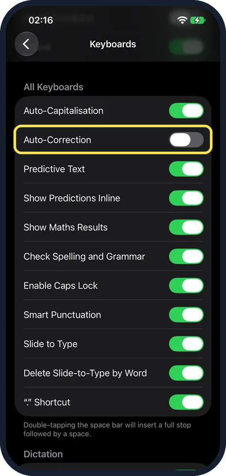 iPhone screen: Switch off Auto-Correction