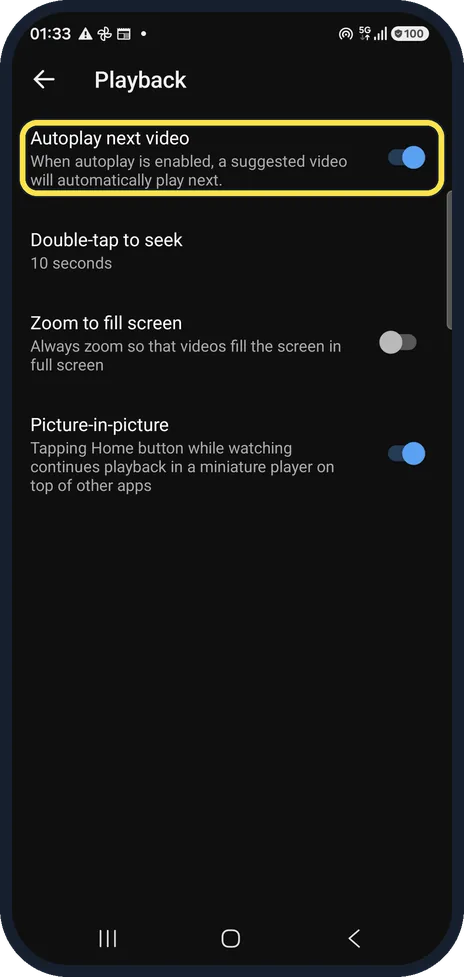Android screenshot: Switch off Autoplay next video