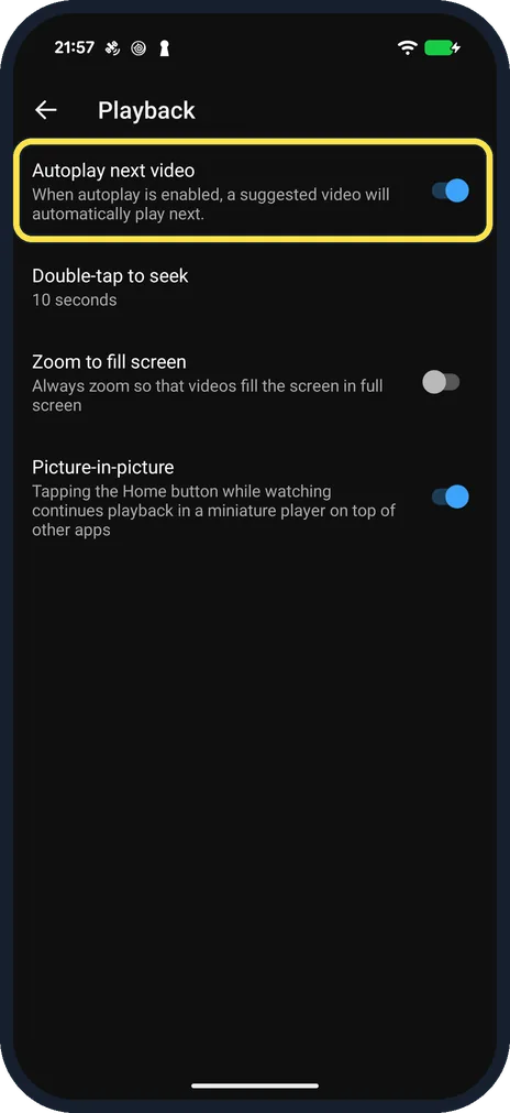 Android screenshot: Find Autoplay next video