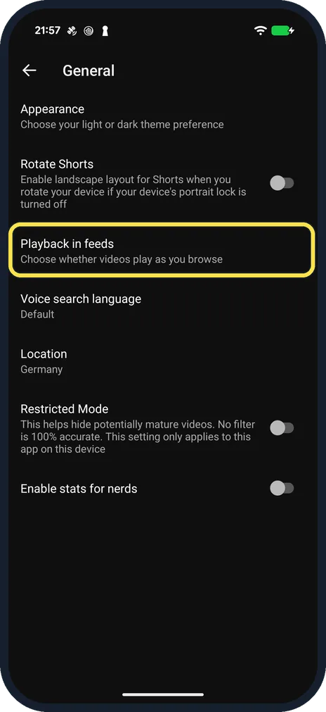 Android screenshot: Stop videos playing in the feed, too