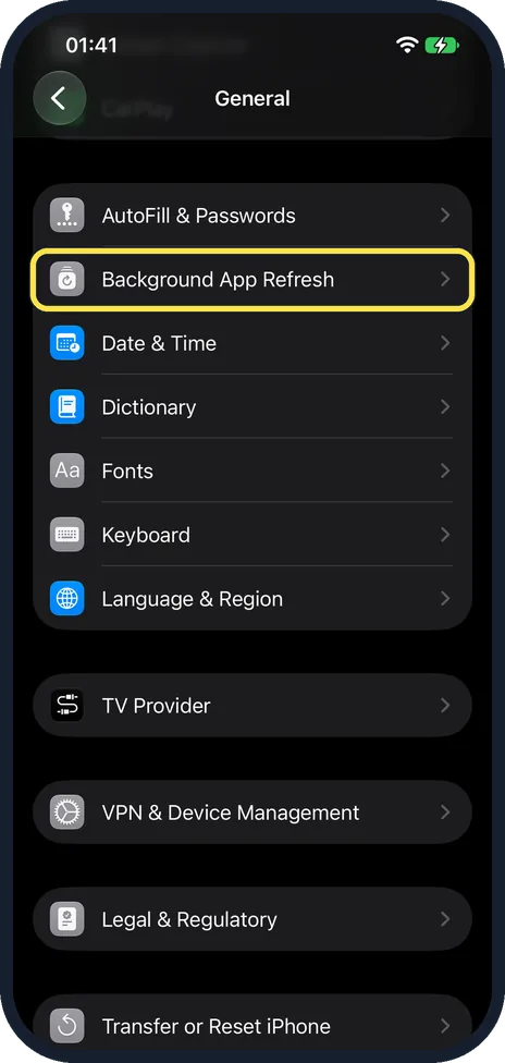 iPhone screen: Tap Background App Refresh